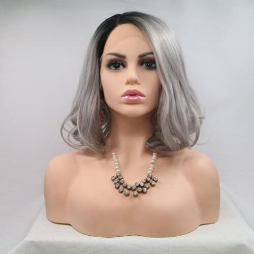 Baicheng Ombre Gray Short Wave Bob Lace Front Synthetic Wig For Black Women With Baby Hair Natural Hairline Daily Wigs