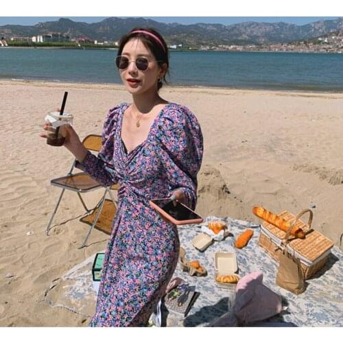 French retro floral Sexy Dress Purple summer womens square neck Lantern Sleeve party dress makeup party