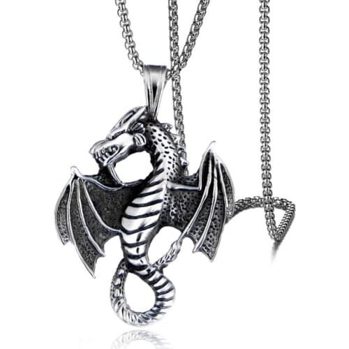 HNSP Punk Dragon Necklace Pendant For Men Boy BFF Gift Gothic Jewelry With 50 Cm Thick Stainless Steel Chain