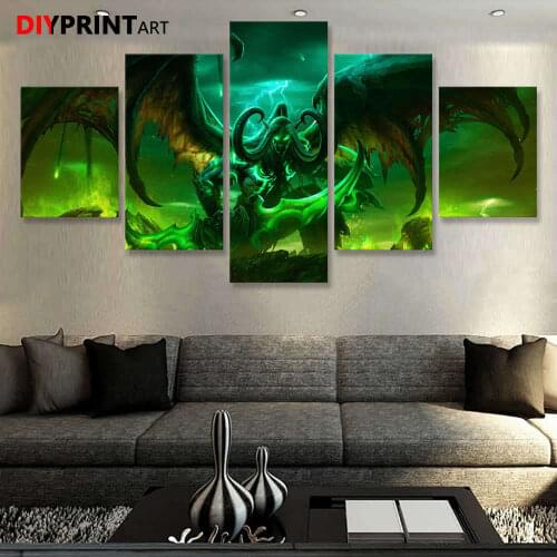 Posters and Prints Paintings Game Poster Wow Demon Illidan 5 Panels Wall Art Painting for Living Room Decoration