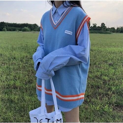 6 Colors 2021 Autumn And Winter Preppy Style V Neck Color Casual Loose Knitted Sleevelesvest Sweaters Womens Pullovers Womens