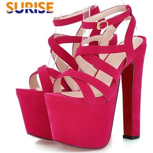 Gladiator Women Platform Sandals 17cm High Chunky Heel Black Red PU Casual Party Office Lady Sexy Cross Ankle Strap Summer Shoes