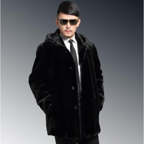 Faux mink fur coat mens leather jacket men overcoat Black Hooded warm Fur collar Villus autumn winter thermal outerwear S - 4XL