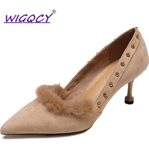Thin Heels Pumps Woman Flock High Heels Ladies Office Shoes Pointed Toe Shallow Summer Heels Fashion Rivet Party shoes wome