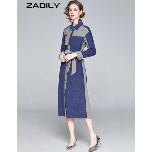 ZADILY 2021 Spring Long Sleeve Women Shirt Dress Korean Style Office Lady Sashes Patchwork Button Maxi Dress Chic Female Robe
