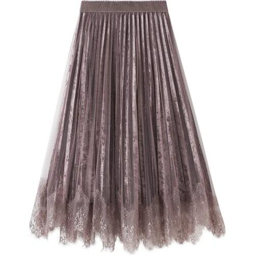Autumn New Ladies Super Fairy Lace Stitching Velvet Skirt Winter Elegant Tulle Long Pleated Skirt
