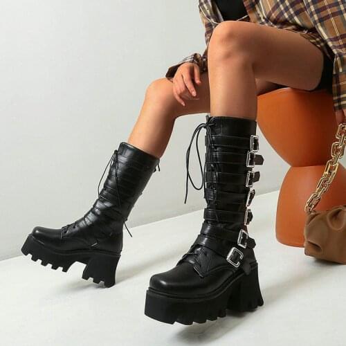 IPPEUM Botte Femme Casual Shoes Women Chunky High Heels Ankle Boots Female Round Toe Platform Riding Boots Punk