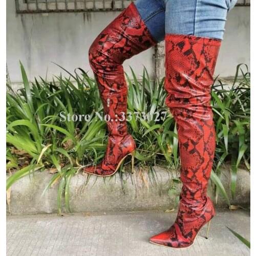 New Sexy Snakeskin Leather Thigh High Boots Women Fashion Pointed Toe Metal Stiletto Heel Over the Knee Long Boots Real Photos