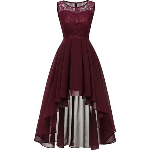 Women Chiffon High Low Hem Long Dress Lace Elegant Party Formal Night Robe O-Neck Solid Color Sleeveless Summer Ladies Dresses