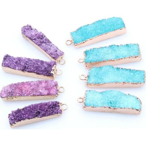 1PC Charm Natural Stone Pendants Pink Purple Blue Druzy Rectangle Gold Plate Quartz Irregular Geode Druzy Pendant for Necklace