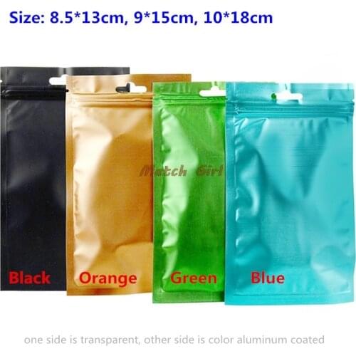 100pcs/lot Clear front Color Aluminized back with Hole Zipper Seal Bags for Food Sample Tea Candy Party Gift packaging