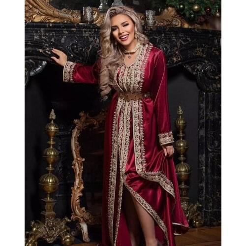 Burgundy Moroccan Kaftan Caftan Muslim Evening Dresses A-line Long Sleeves Appliques Dubai Arabic Turkey Abaya Islamic Gown