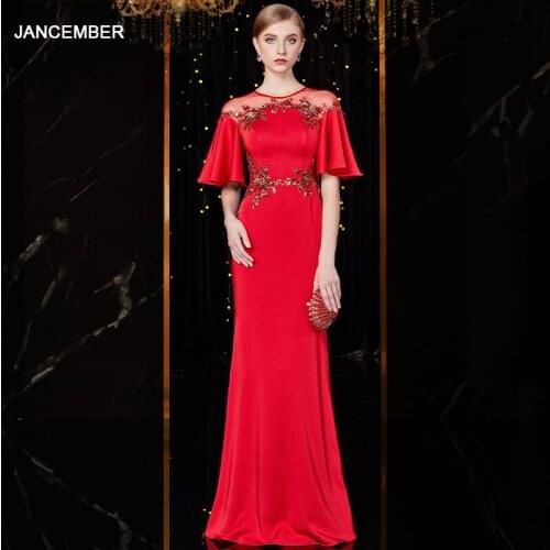 J1850 jancember red long mermaid evening dress o-neck half sleeve appliques mother of the bride dresses plus size abito da sera