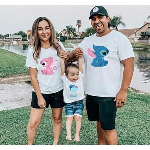 Disney Stitch Printed Parents and Children Round Neck Clothes Summer Short Sleeves White T-shirts Kawaii Family Matching Tshirts