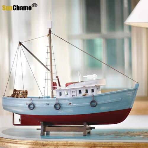 Simulation Fishing Sailing Boat Model Decoration Mediterranean Style Solid Wood Craft Ship Manual Accessories Home Decorations
