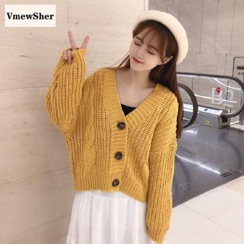 VmewSher New Women Solid Casual Sweater V Neck Knitted Cardigans Spring Autumn Loose Long Sleeve Buttons Twist Female Short Coat