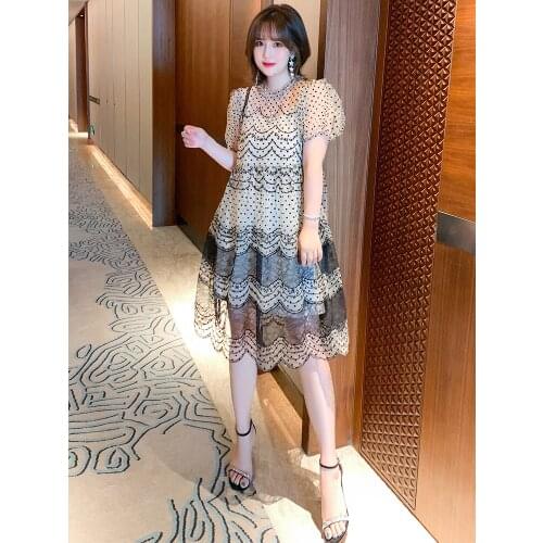 High quality Hubble-bubble sleeve splicing waves crashed color embroidery lace dress with the harness new summer