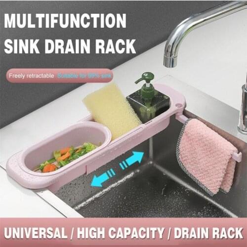 Kitchen Storage Holder Retractable Sink Drain Rack Adjustable Soap Sponge Drain Rack Leftover Basket Faucet Holder Towel Holders