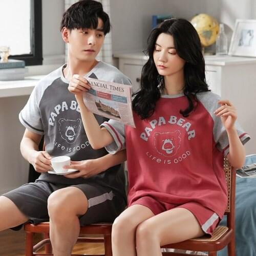 Summer Full Cotton Pajamas Set Women Men Korean Fashion Patchwork Sleepwear Funny Cartoon Letter Print Couple Plus Size Homewear