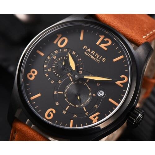 43mm parnis Black Dial Leather strap 2019 New Top brand PVD Date Window Miyota Automatic mechanical mens Watch