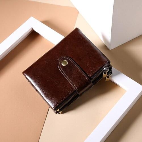 Mens wallet oil wax real cowhide double zipper coin purse rfid anti-theft multifunctional retro wallet Credit Card Holder male