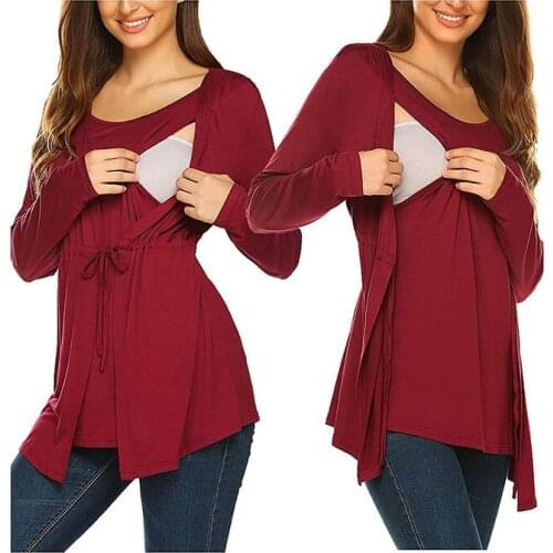 Round Neck Long Sleeve Maternity Clothes Multifunctional Nursing Top Maternity Nursing T-shirt Womens Casual T-shirt