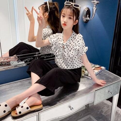 Clothes For Girls Lace dot Costume For Girls Dot Blouse + loose pants Girls Clothes Set Casual Style School Tracksuit Kids