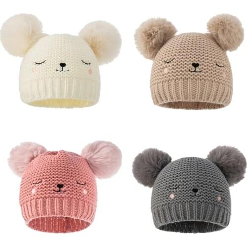 Double Pompom Solid Color Baby Hat Smile Embroidery Kid Toddler Knitted Beanie Soft Autumn Winter Infant Girl Boy Crochet Bonnet
