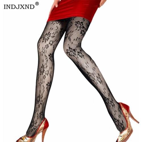 INDJXND Sexy Women Mesh Pantyhose Stockings Lace Silk Jacquard Pattern Tights Hollow Out Transparent Tattoo Collant 2021 Femme