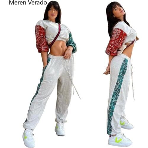 Meren Verado Spring Autumu Casual Sport Fitness Two Piece Set Outfits Sexy Indie Folk Printing Crop T-Shirt Trousers Tracksuits
