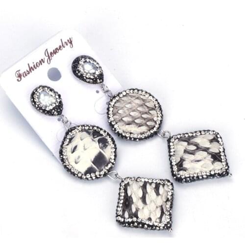 Natural Freshwater Pearl Square Round Light Grey Snake Leather Pendant Charm Pave Black Rhinestone Double Layers Dangle Earring