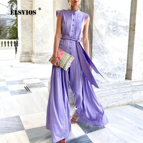 Summer Fashion Stand Collar Chiffon Button Printed Lace-up Wide-leg Pants Jumpsuit Elegant Slim Sleeveless Loose Party Jumpsuits