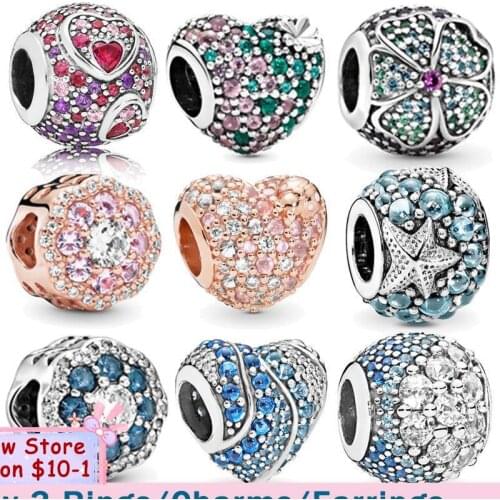 Smuxin 925 Sterling Silver Beads 9 Multiple Color CZ Ocean Love Heart Beads Charms fit Original Pandora Bracelets DIY Jewelry