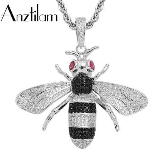 Bling Gold Silver Color Copper Bee Iced Out Pendants Full Zirconia Punk Animals Necklace for Men Women Hip Hop Jewelry