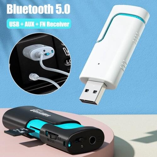 USB + AUX + FM Bluetooth 5.0 Receiver 3.5mm AUX Handsfree Audio Adapter Support TF Card Reader and Music Play for Car TV Speaker