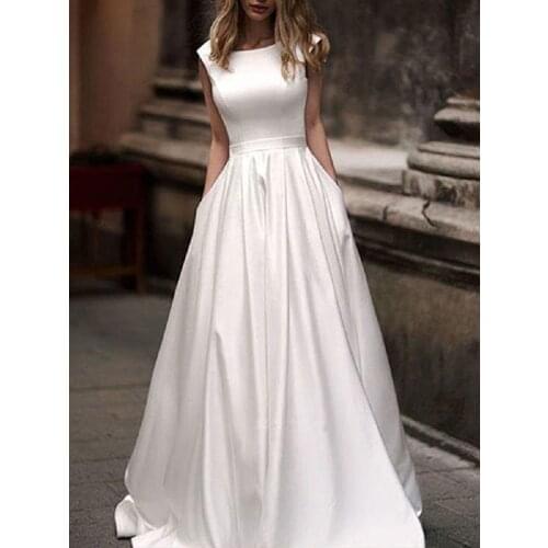 Vintage wedding dress 2020 a line bateau neck sleeveless floor length satin bridal gown