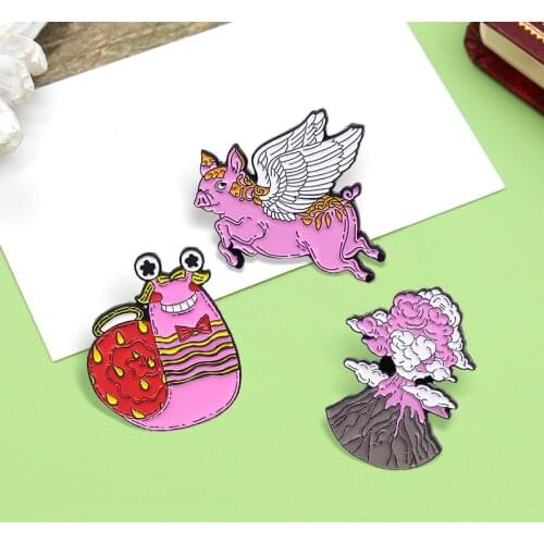 Funny Pink Style Peak Pig Snail Enamel Pin Angel Wings Animal Mountain Volcano Pink Cloud Brooch Alloy Jewelry Gift for Woman