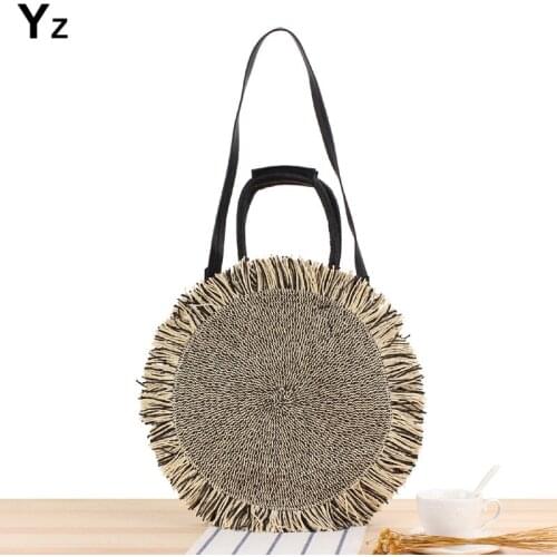Aaby 2021 New Round Straw Bag Bohemian Womens Shoulder Bag Fashion Hand-Woven Rattan Bag Tote Beach Bag