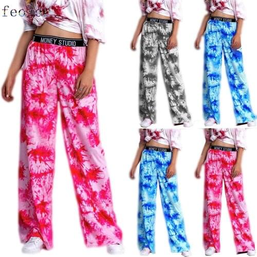 FEOGOR 2021 spring and autumn tie-dye printing elastic waist versatile straight casual wide-leg pants Womens casual pants