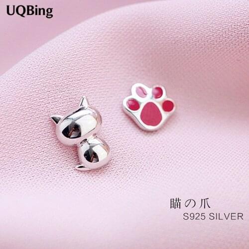 Fashion 925 Sterling Silver Asymmetry Cat With Footprint Stud Earrings Jewelry Pendientes Brincos Drop Shipping