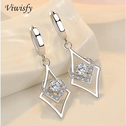 Viwisfy Square Heart Crystal Jewelry Drop Earrings For Women Real 925 Sterling Silver VW21212