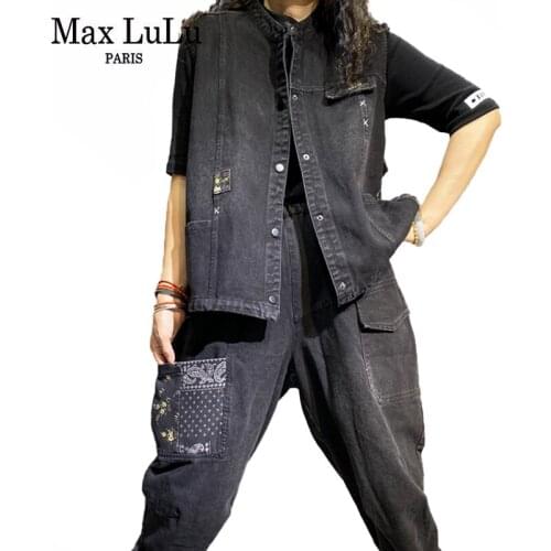 Max LuLu 2021 Women Black Vest Coat Loose Jeans Autumn Two Pieces Sets Ladies Suit Sleeveless Denim Waistcoats Casual Outfits