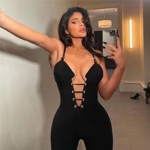 New Style Spaghetti Strap Bandage Jumpsuits For Women Sleeveless V Neck Bodycon Outfits Summer Knit Party Clubwear Rompers