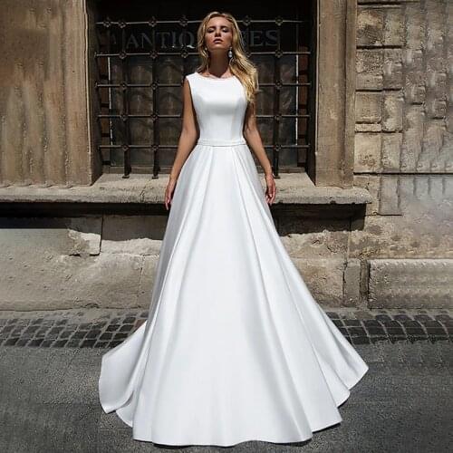 LORIE 2020 New Summer Satin Wedding Dresses A Line Scoop Neck Beach Boho Bridal Gowns in Turkey Vestidos de novia Plus Size
