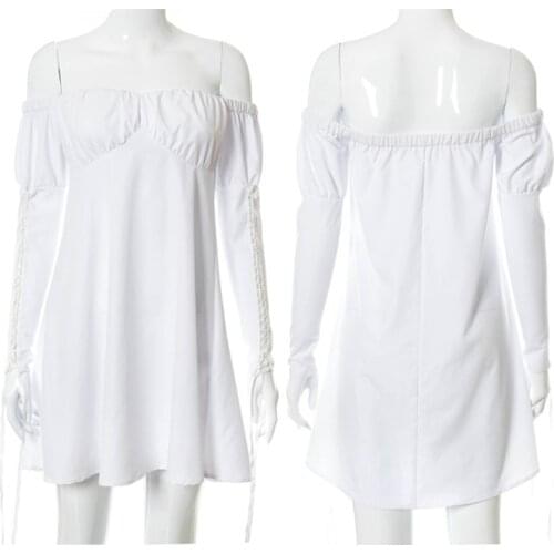 Women Criss Cross Lace-Up Puff Long Sleeve White Midi Long Dress Ruched Chest Sexy Off The Shoulder Pleated Clubwear