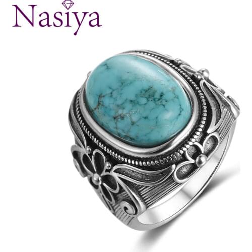 Natural Turquoise Ring Lady 925 Silver Jewelry Retro Party Ring 11X17MM Large Ellipse Gem Gift Wholesale