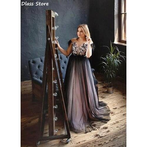 Prom Dress 2021 Black A-lline Tulle O-neck Feathers Sleeve Floor Length Applique Elegant Evening Dress robe de soirée de mariage