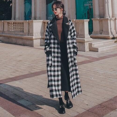 Womens Wool Coat 2021 Winter New Loose Long Lapel Black White Plaid Thick Double Breasted Fashion Warm Woolen Jacket Female 1H