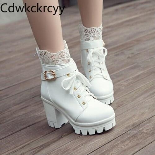 Winter The New British style fashion Round head Thick bottom Martin boots white Sexy Lace Keep warm High heel Women boots 34-43