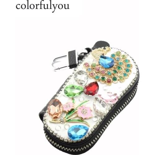 2019 Diamond flower bear genuine leather Key holder for car keys wallet pouch bag keychain housekeeper car key case organizer